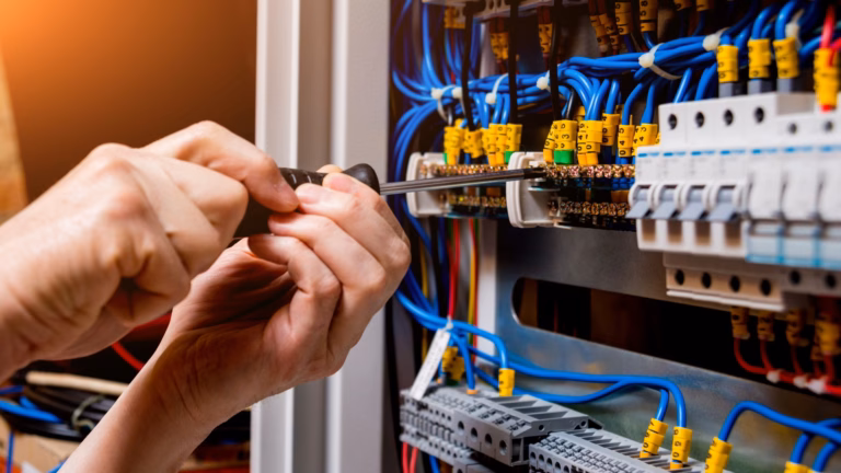 Electrician using a screwdriver on electrical wires in a control panel