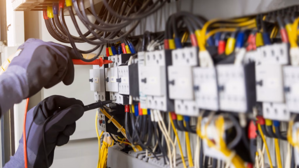 Electrician working on panel board with tools