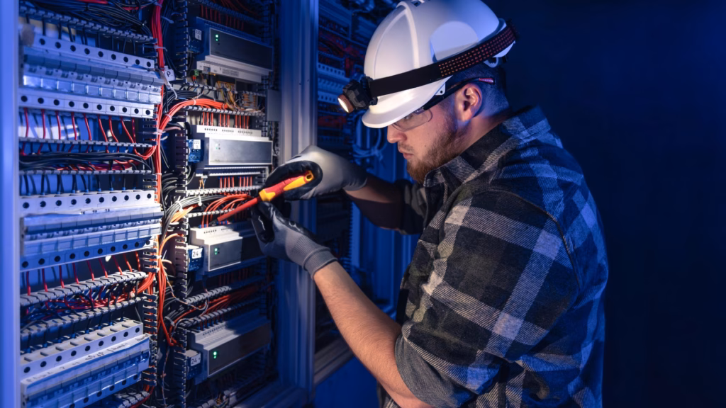 Electrician wearing safety gear working on an electrical panel with wires