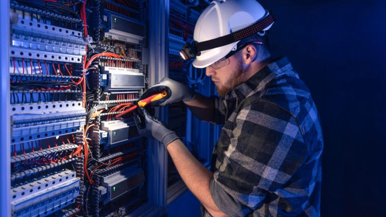 Electrician wearing safety gear working on an electrical panel with wires
