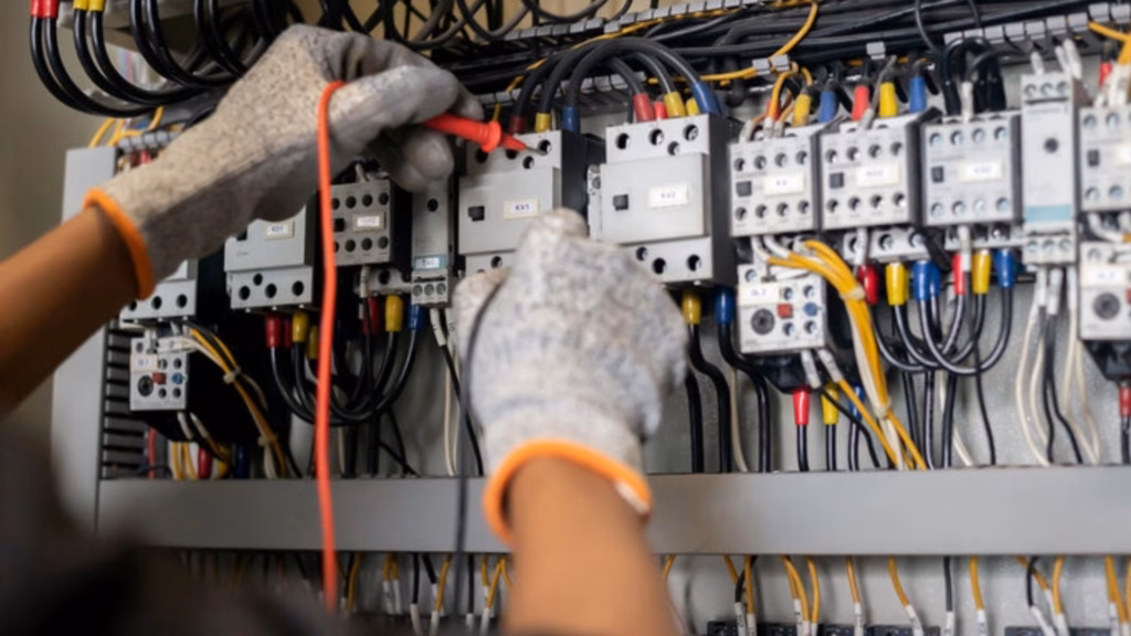 Electrician working on a control panel with various wires and circuits
