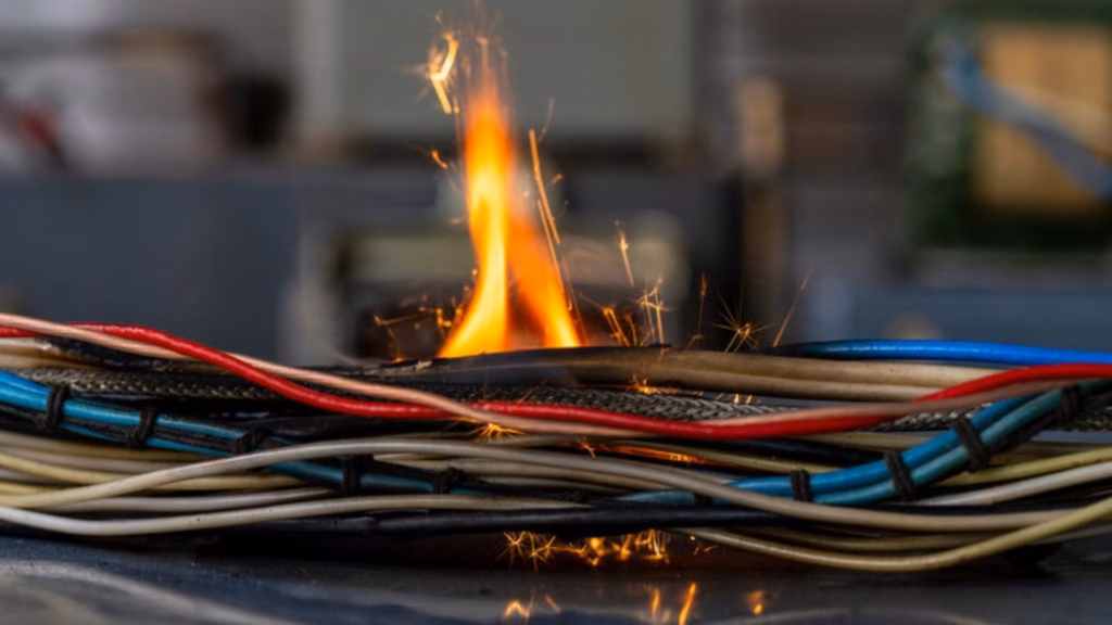 Close-up of electrical wires sparking and catching fire