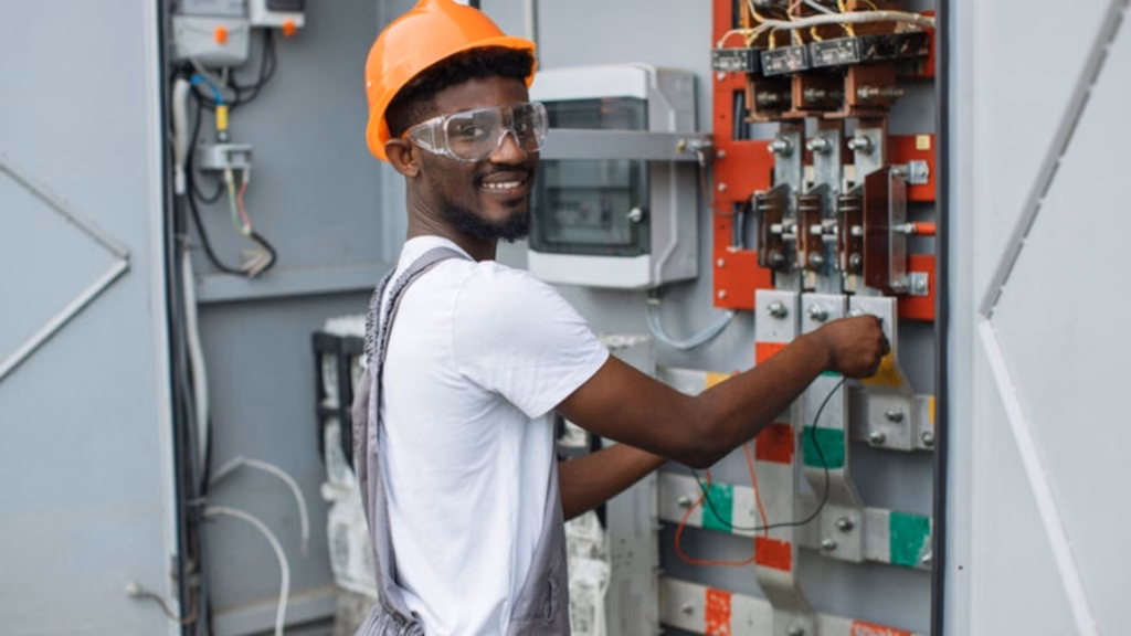 Electrician wearing safety gear working on an electrical panel outdoors