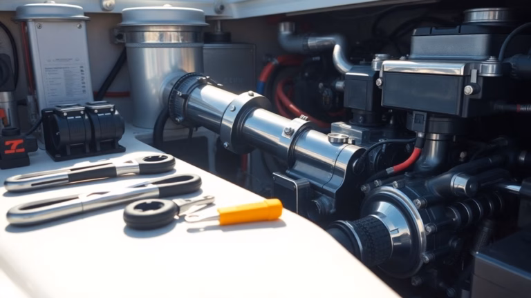 Boat engine and electrical systems during pre-season maintenance check.