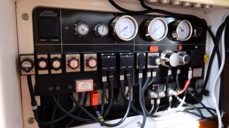 Boat electrical panel with switches and wiring.