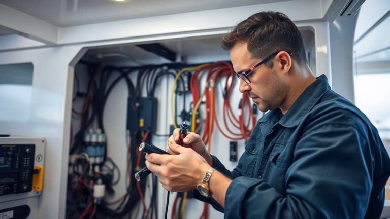 Marine electrician working on yacht wiring.