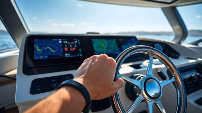 Modern boat helm with navigation screens and steering wheel.